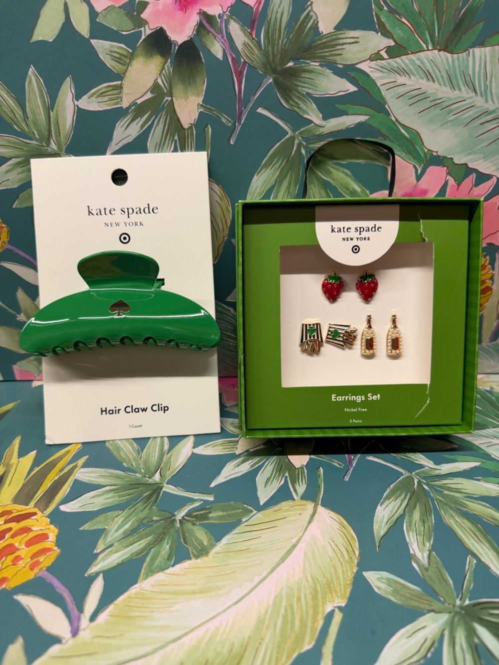 kate spade x Target green hair claw clip and 3-pair earring set NWT